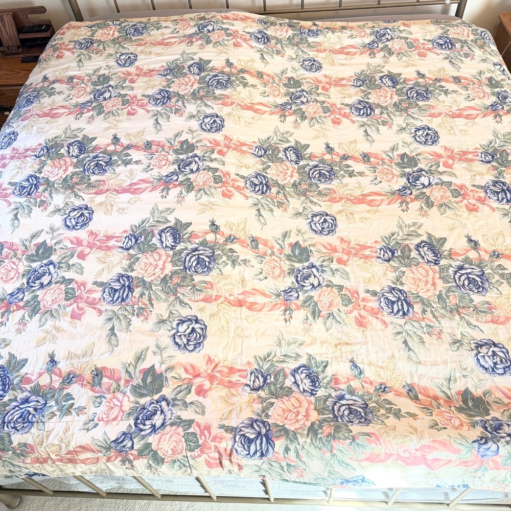 Vtg Royalty Collection Cottagecore Blue Rose Floral Comforter Pink Ribbon Full/Q
